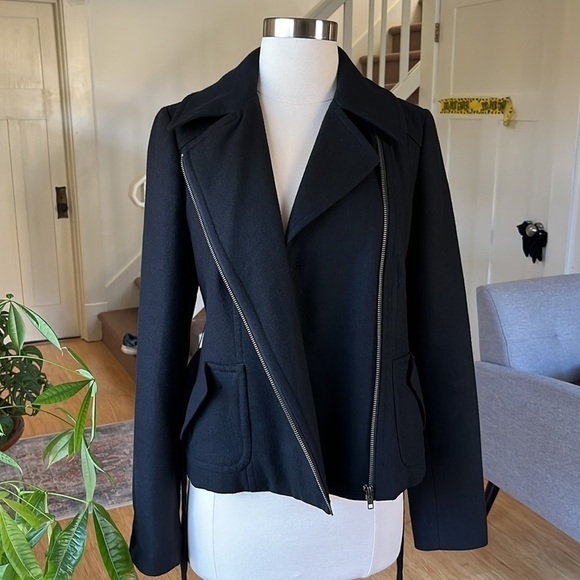 HALOGEN Wool Blend Moto Style Belted Jacket Black XS - Picture 4 of 14